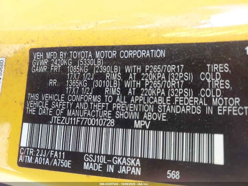 2007 Toyota Fj Cruiser VIN: JTEZU11F770010728 Lot: 43397046