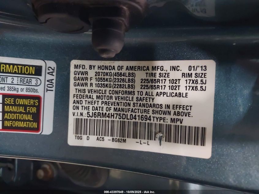2013 Honda Cr-V Ex-L VIN: 5J6RM4H75DL041694 Lot: 43397049