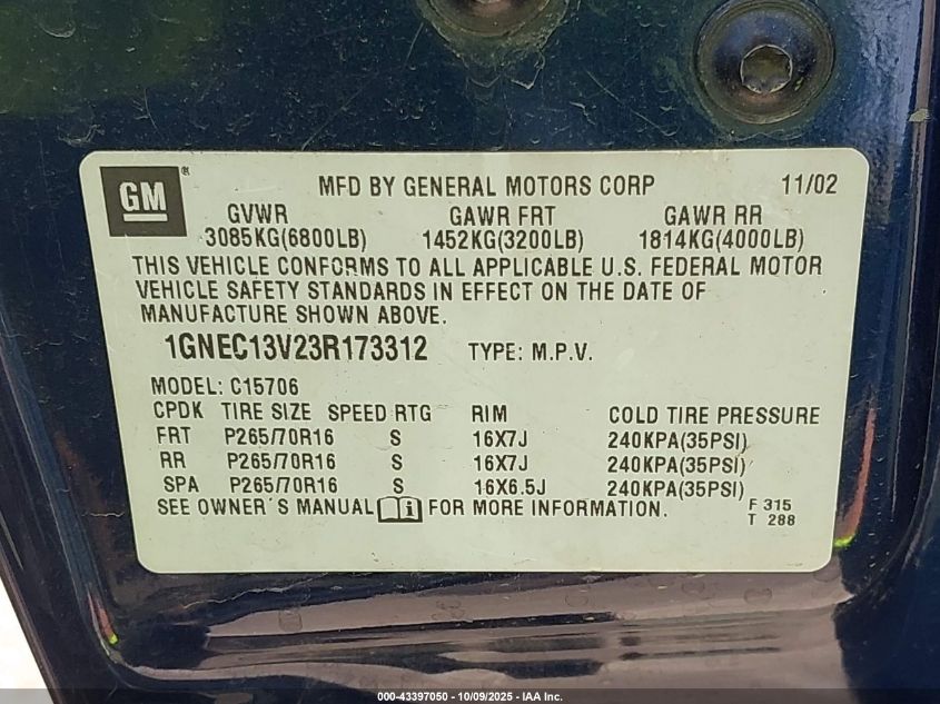 2003 Chevrolet Tahoe Ls VIN: 1GNEC13V23R173312 Lot: 43397050