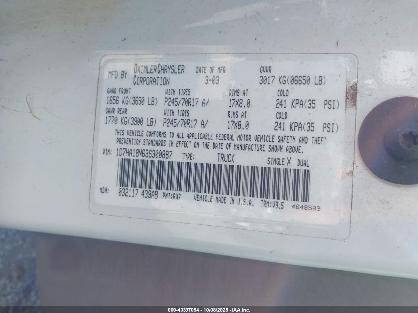 2003 Dodge Ram 1500 Slt/Laramie/St VIN: 1D7HA18N63S300887 Lot: 43397054