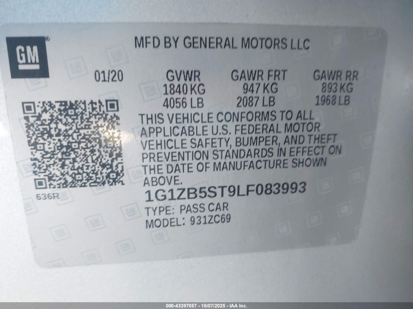 2020 Chevrolet Malibu Fwd Ls VIN: 1G1ZB5ST9LF083993 Lot: 43397057