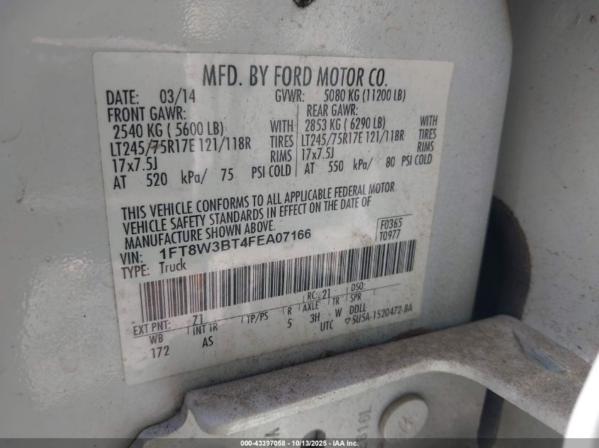 2015 Ford F-350 Xl VIN: 1FT8W3BT4FEA07166 Lot: 43397058