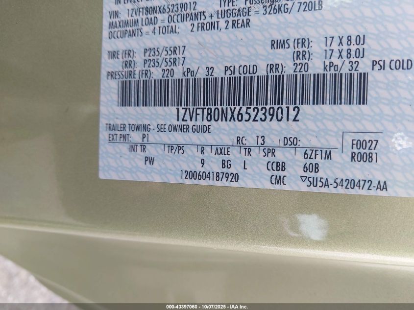 2006 Ford Mustang V6 VIN: 1ZVFT80NX65239012 Lot: 43397060