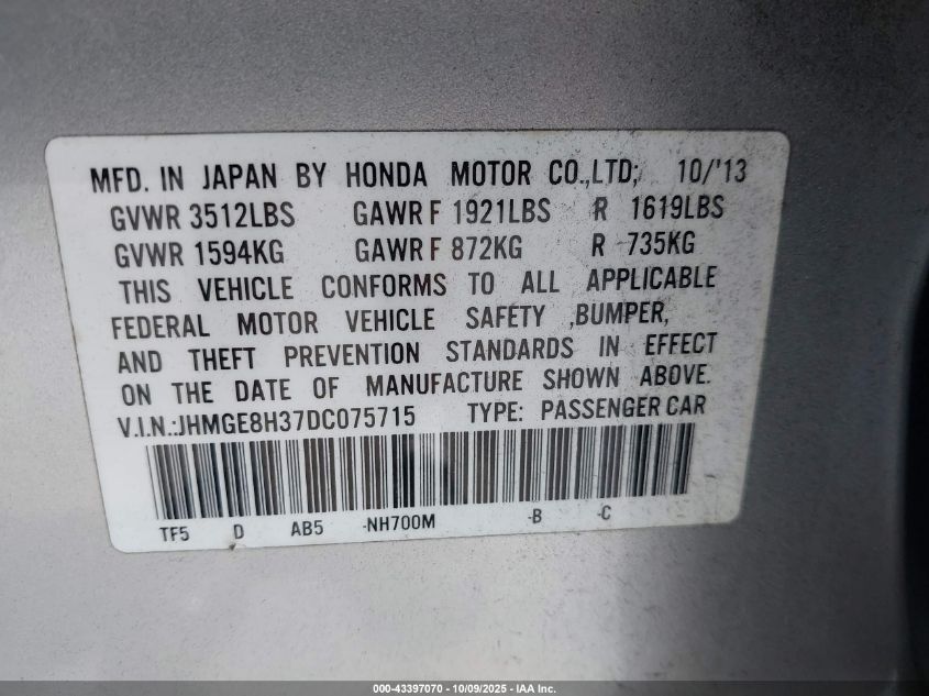 2013 Honda Fit VIN: JHMGE8H37DC075715 Lot: 43397070