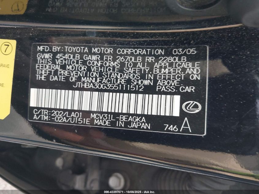 2005 Lexus Es 330 VIN: JTHBA30G355111512 Lot: 43397071