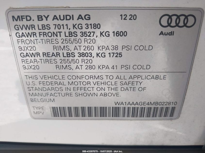 2021 Audi E-Tron Premium Quattro VIN: WA1AAAGE4MB022810 Lot: 43397079