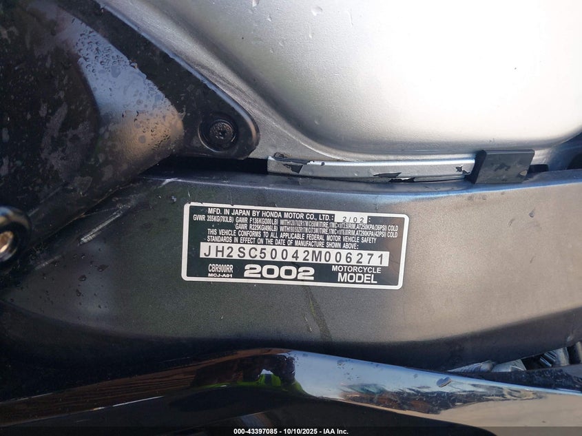 2002 Honda Cbr900 Rr VIN: JH2SC50042M006271 Lot: 43397085