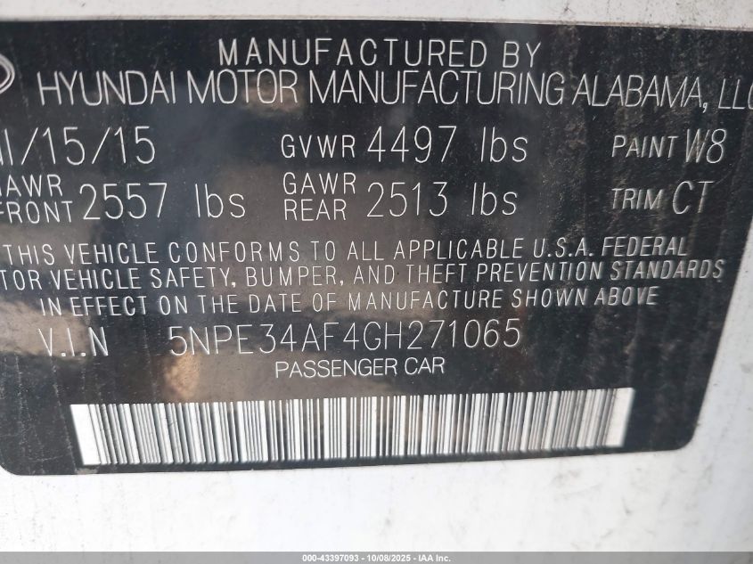 2016 Hyundai Sonata Sport VIN: 5NPE34AF4GH271065 Lot: 43397093