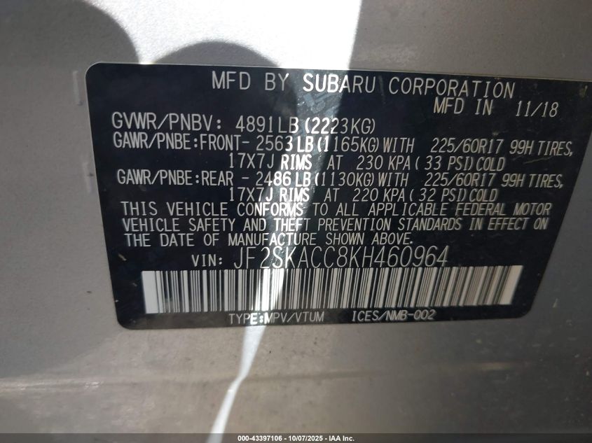 2019 Subaru Forester VIN: JF2SKACC8KH460964 Lot: 43397106