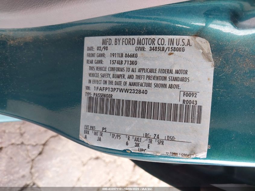 1998 Ford Escort Se VIN: 1FAFP13P7WW232840 Lot: 43397110