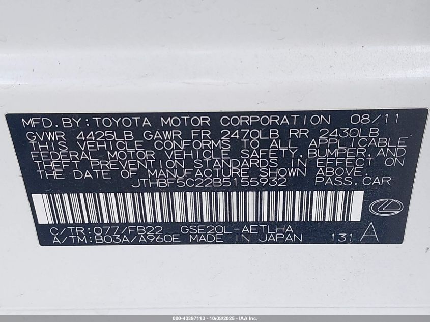 2011 Lexus Is 250 VIN: JTHBF5C22B5155932 Lot: 43397113