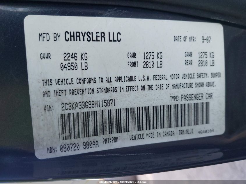 2008 Chrysler 300 Limited VIN: 2C3KA33G98H115871 Lot: 43397127