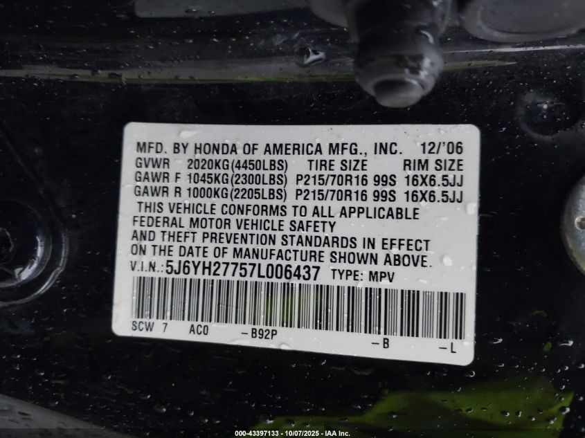 2007 Honda Element Ex VIN: 5J6YH27757L006437 Lot: 43397133