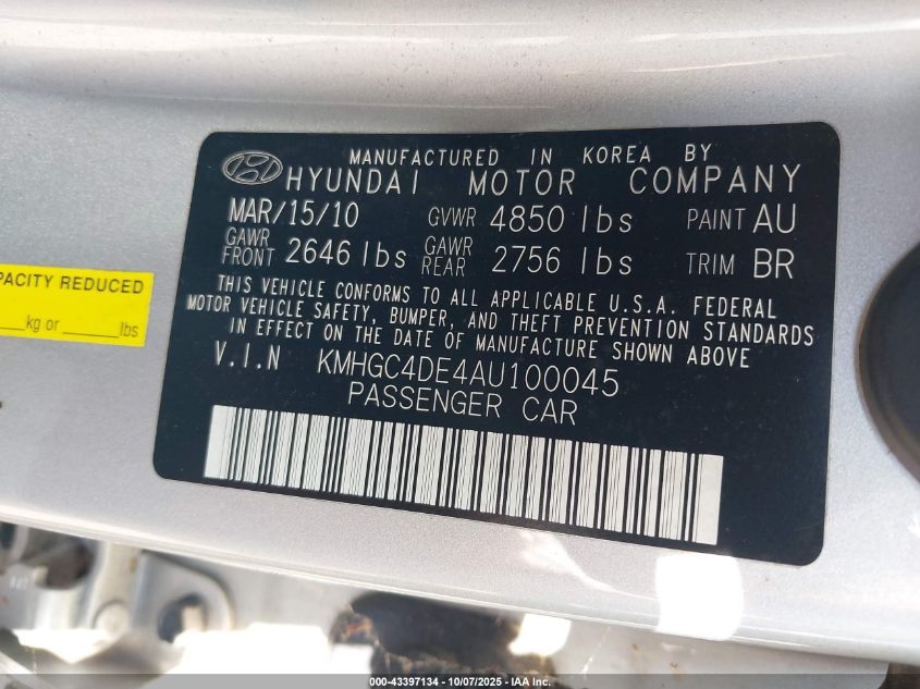 2010 Hyundai Genesis 3.8 VIN: KMHGC4DE4AU100045 Lot: 43397134