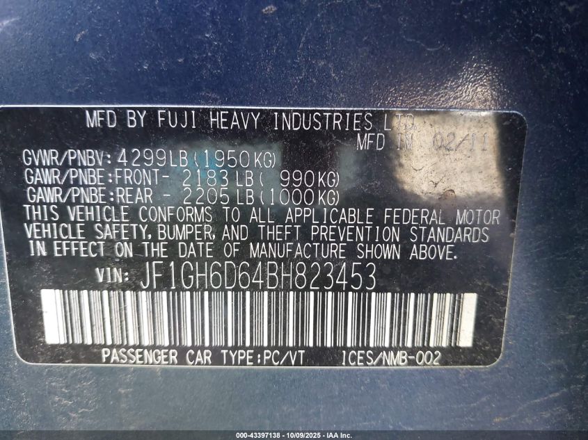 2011 Subaru Impreza Outback Sport VIN: JF1GH6D64BH823453 Lot: 43397138