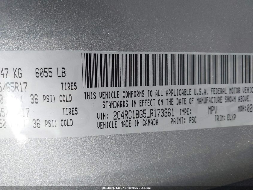 2020 Chrysler Pacifica Touring L VIN: 2C4RC1BG5LR173361 Lot: 43397140