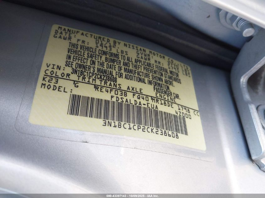 2012 Nissan Versa 1.8 S VIN: 3N1BC1CP2CK238608 Lot: 43397143