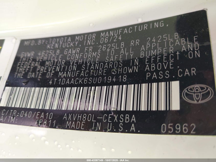 2025 Toyota Camry Se VIN: 4T1DAACK6SU019418 Lot: 43397149