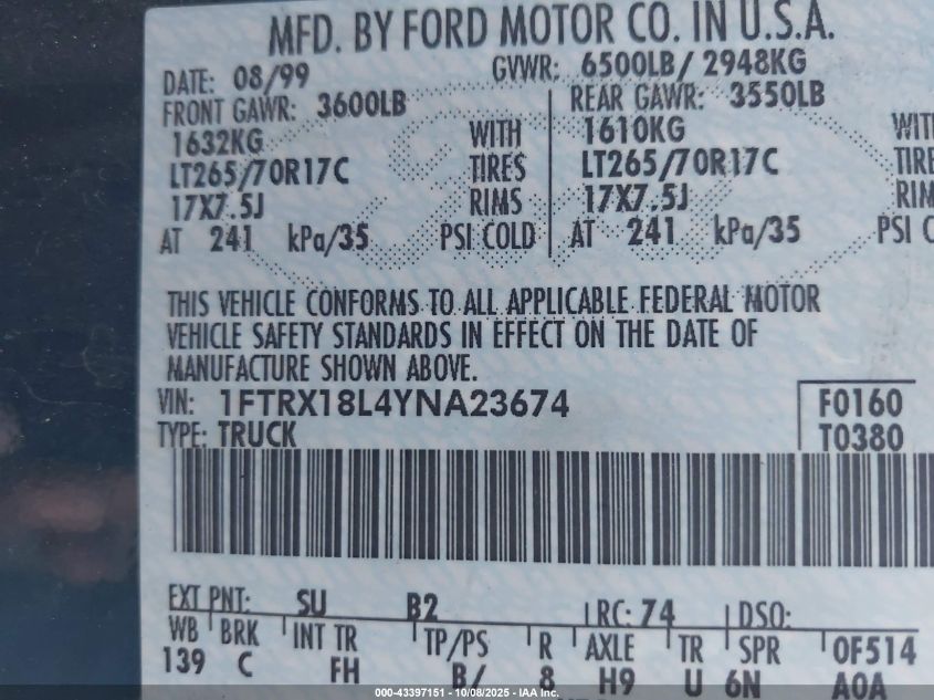 2000 Ford F-150 Lariat/Work Series/Xl/Xlt VIN: 1FTRX18L4YNA23674 Lot: 43397151