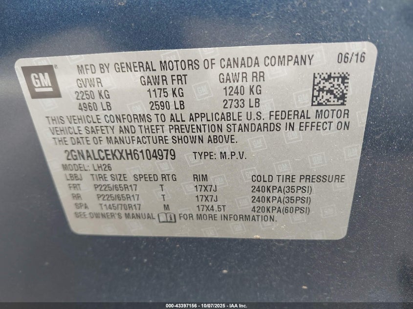 2017 Chevrolet Equinox Lt VIN: 2GNALCEKXH6104979 Lot: 43397156