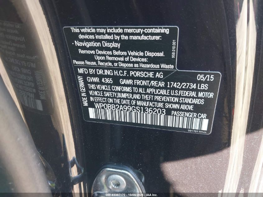 2016 Porsche 911 VIN: WP0BB2A99GS136203 Lot: 43397170