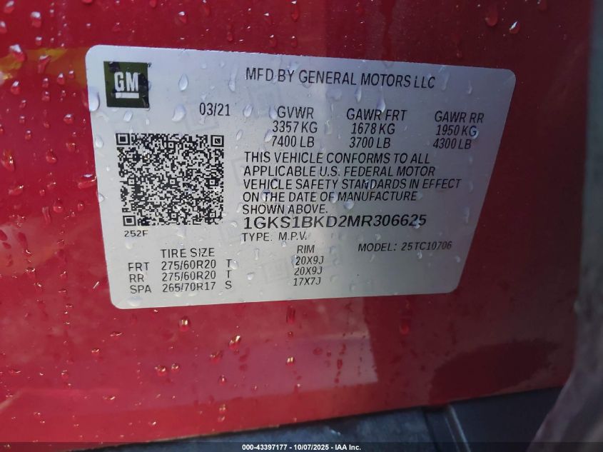 2021 GMC Yukon 2Wd Slt VIN: 1GKS1BKD2MR306625 Lot: 43397177