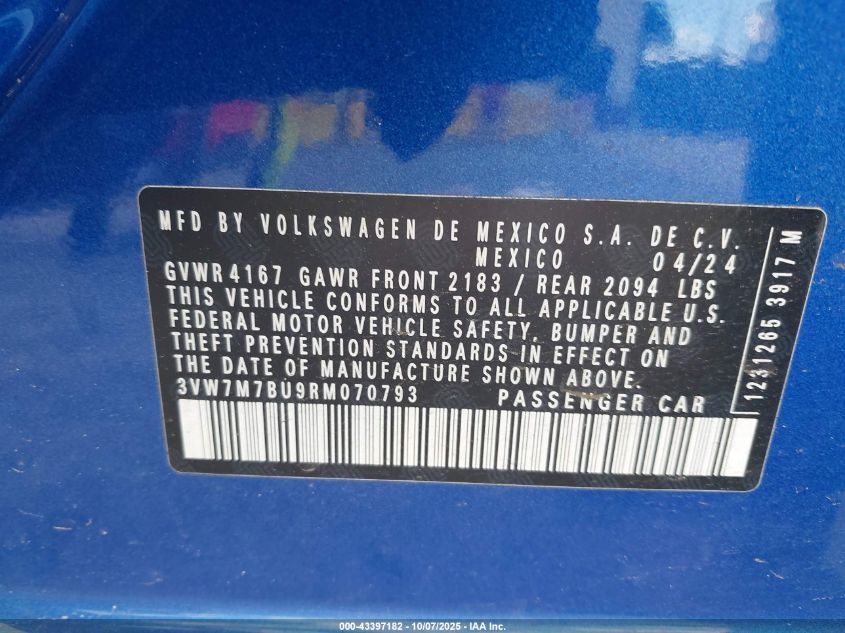 2024 Volkswagen Jetta 1.5T Se VIN: 3VW7M7BU9RM070793 Lot: 43397182