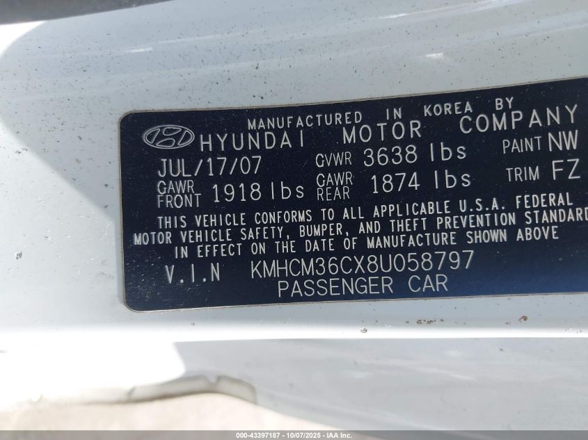 2008 Hyundai Accent Gs VIN: KMHCM36CX8U058797 Lot: 43397187