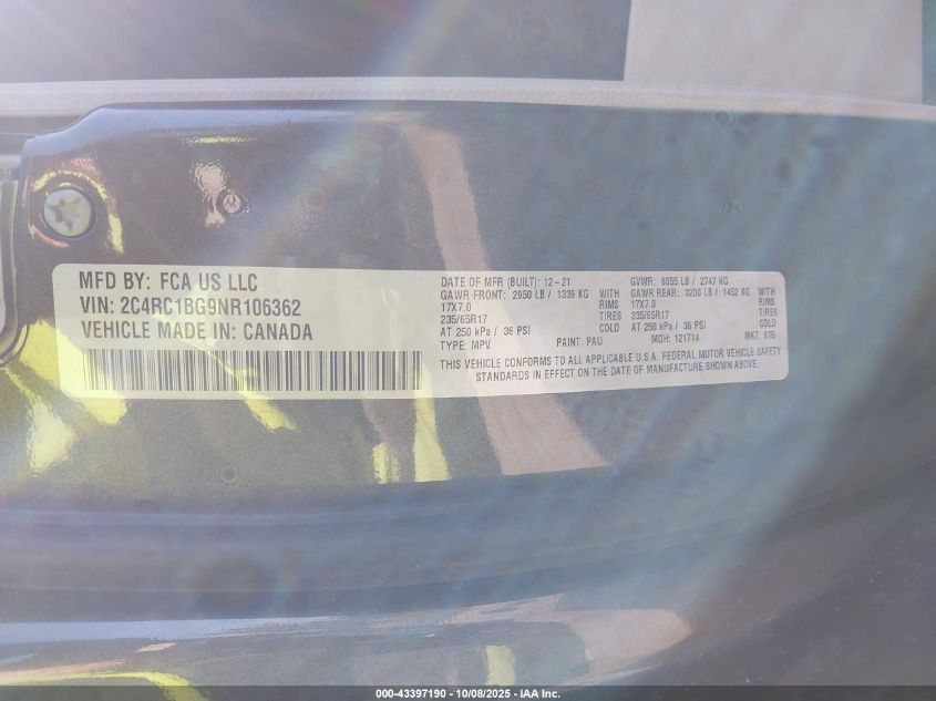 2022 Chrysler Pacifica Touring L VIN: 2C4RC1BG9NR106362 Lot: 43397190