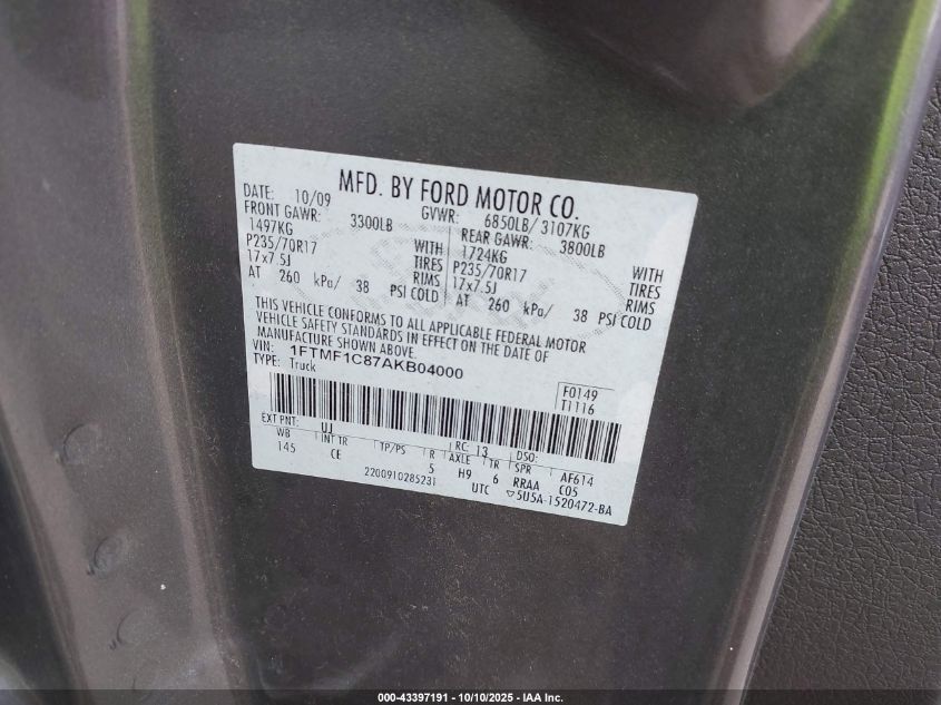 2010 Ford F-150 Xl/Xlt VIN: 1FTMF1C87AKB04000 Lot: 43397191