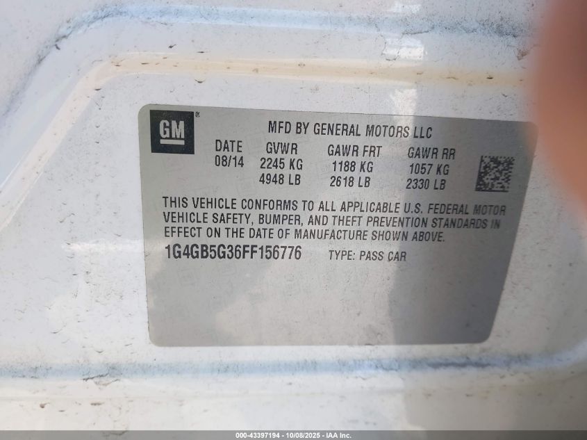 2015 Buick Lacrosse VIN: 1G4GB5G36FF156776 Lot: 43397194