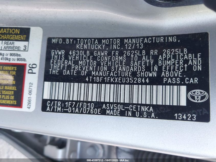 2014 Toyota Camry Le VIN: 4T1BF1FKXEU352844 Lot: 43397212