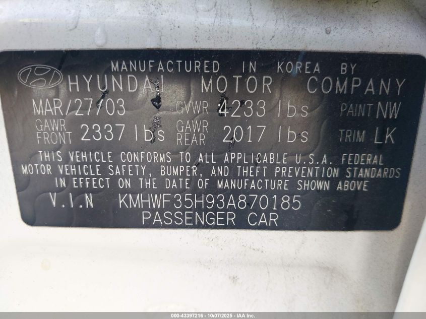 2003 Hyundai Sonata Gls/Lx VIN: KMHWF35H93A870185 Lot: 43397216