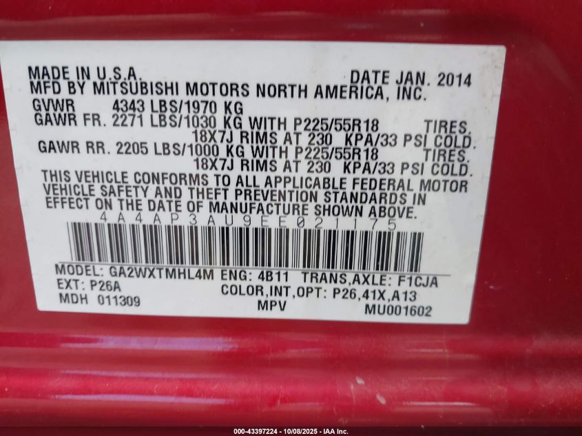 2014 Mitsubishi Outlander Sport Es VIN: 4A4AP3AU9EE021175 Lot: 43397224