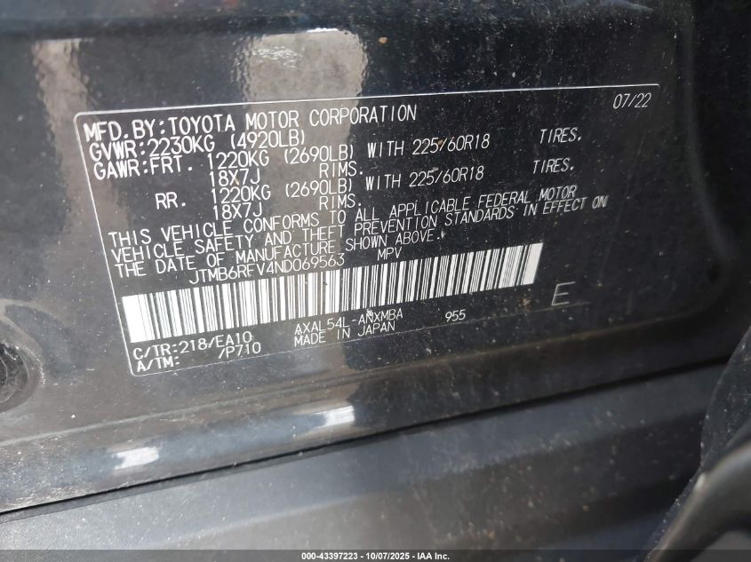 2022 Toyota Rav4 Hybrid Xle Premium VIN: JTMB6RFV4ND069563 Lot: 43397223