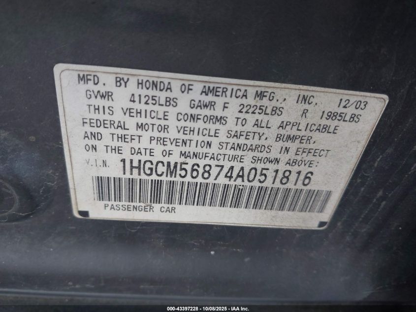 2004 Honda Accord 2.4 Ex VIN: 1HGCM56874A051816 Lot: 43397228