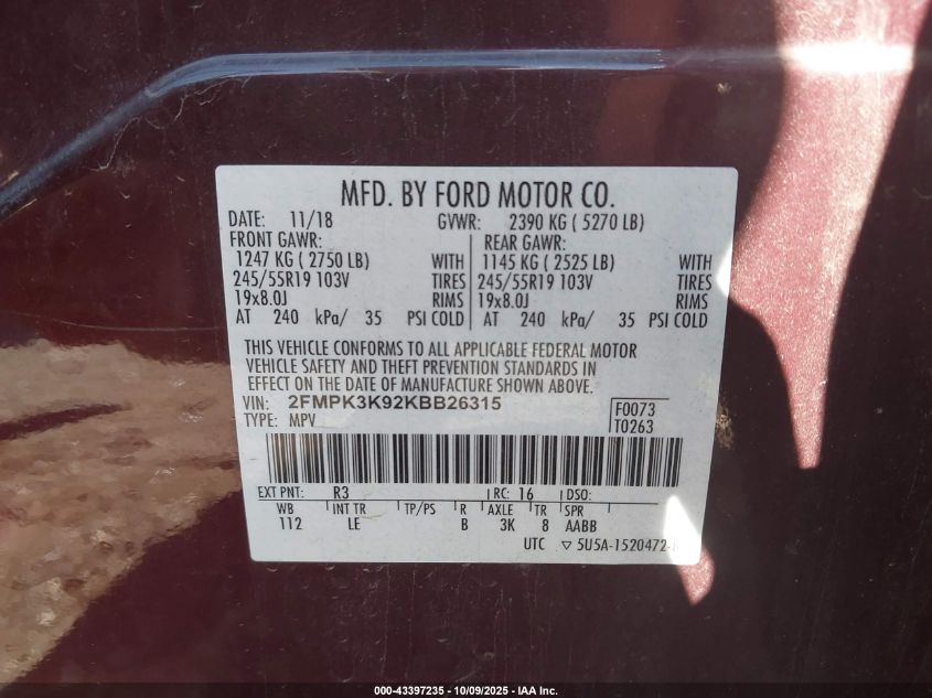 2019 Ford Edge Titanium VIN: 2FMPK3K92KBB26315 Lot: 43397235