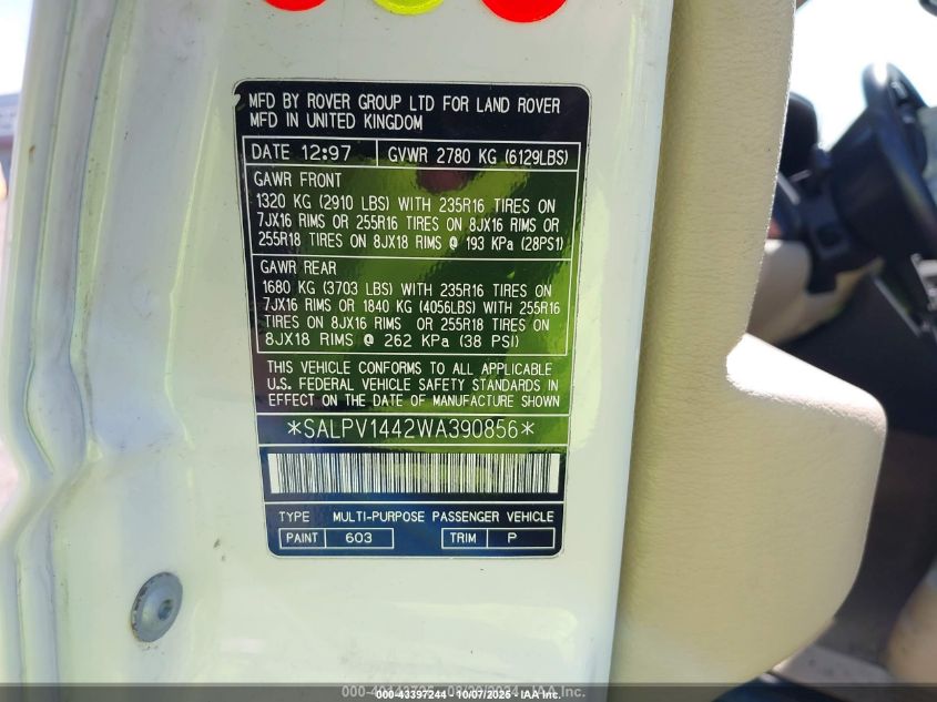 1998 Land Rover Range Rover Hse VIN: SALPV1442WA390856 Lot: 43397244