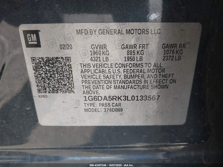 2020 Cadillac Ct4 Luxury VIN: 1G6DA5RK3L0133567 Lot: 43397246