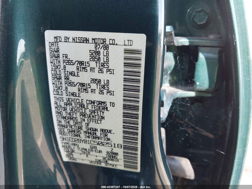2001 Nissan Xterra Xe VIN: 5N1ED28Y01C502518 Lot: 43397247