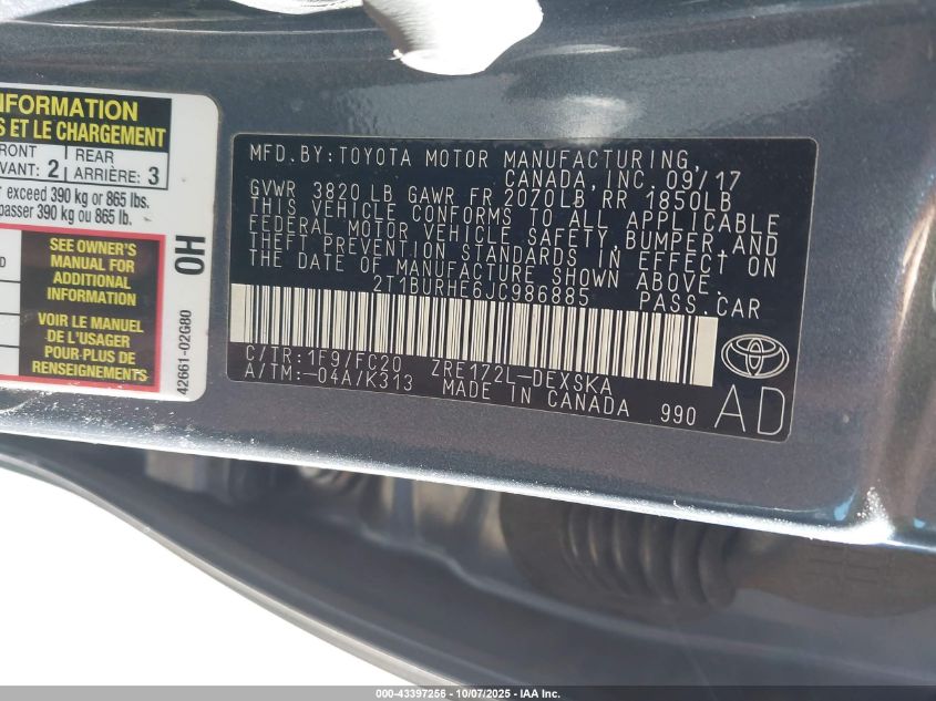 2018 Toyota Corolla Se VIN: 2T1BURHE6JC986885 Lot: 43397256