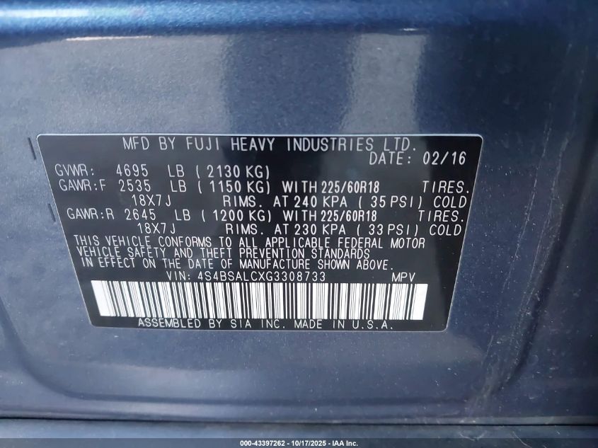 2016 Subaru Outback 2.5I Limited VIN: 4S4BSALCXG3308733 Lot: 43397262