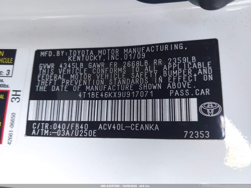 2009 Toyota Camry Le VIN: 4T1BE46KX9U917071 Lot: 43397265