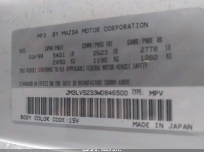 1998 Mazda Mpv Es/Lx VIN: JM3LV5233W0846500 Lot: 43397267