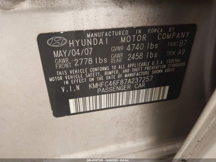 2007 Hyundai Azera Limited/Se VIN: KMHFC46F87A237257 Lot: 43397269