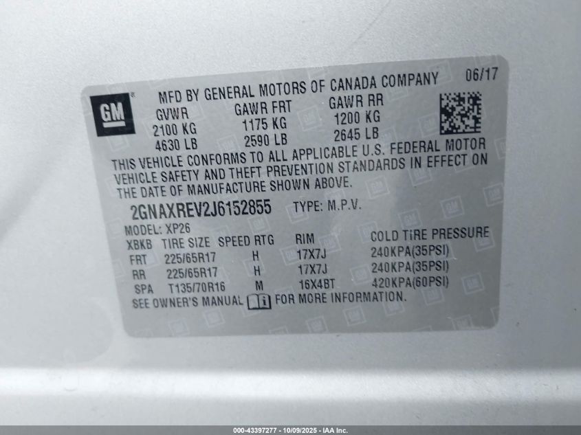 2018 Chevrolet Equinox Ls VIN: 2GNAXREV2J6152855 Lot: 43397277