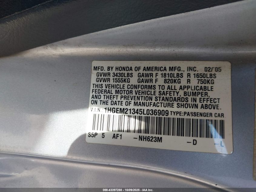 2005 Honda Civic Vp VIN: 1HGEM21345L036909 Lot: 43397288