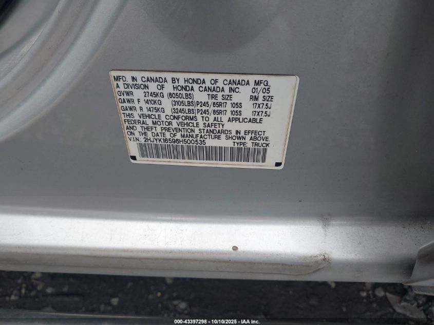 2006 Honda Ridgeline Rtl VIN: 2HJYK16596H500535 Lot: 43397298