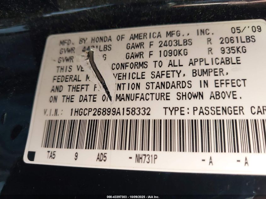 2009 Honda Accord 2.4 Ex-L VIN: 1HGCP26899A158332 Lot: 43397303