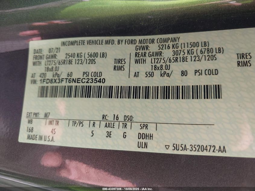 2022 Ford F-350 Chassis Xl VIN: 1FD8X3FT6NEC23540 Lot: 43397306